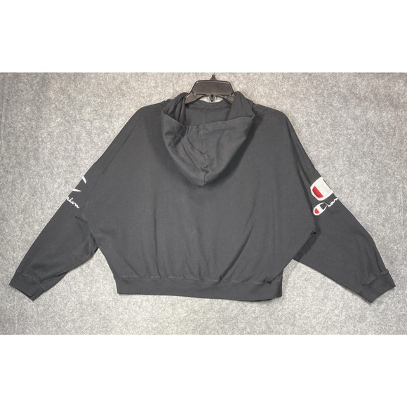 Champion Hoodie Womens Small Black Cropped Big Logo Sleeve Embroidered Oversized - Picture 13 of 14